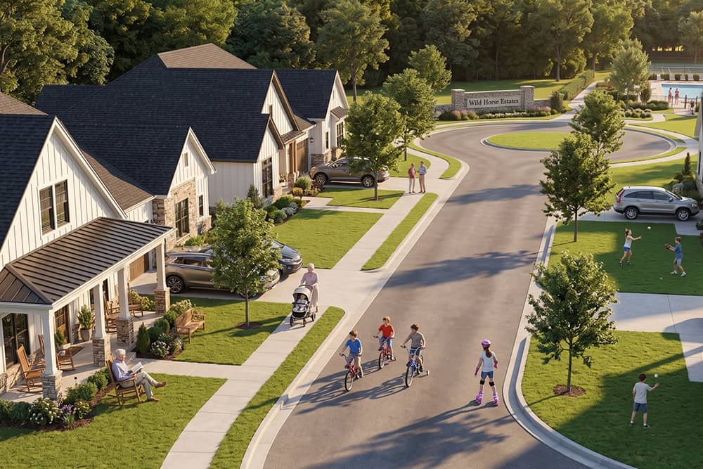 Aerial view of Wild Horse Estates new home community in Bullard, Texas, with families walking and biking on the street