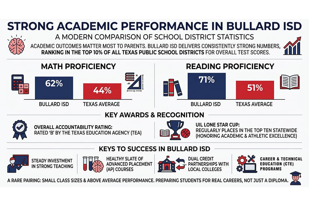 Infographic comparing Bullard ISD math and reading proficiency scores to the Texas state average