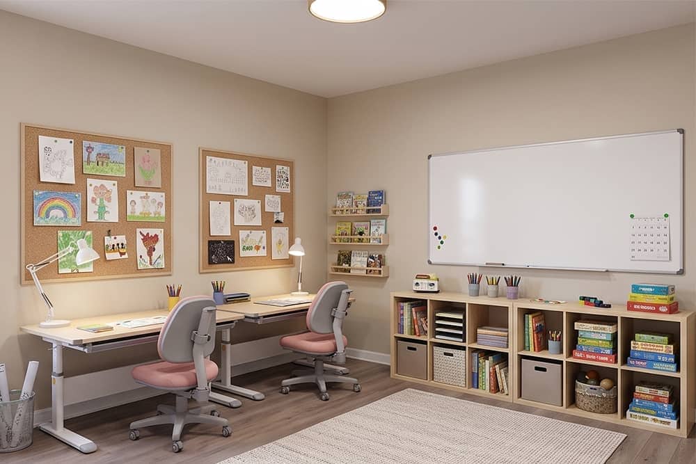 Children's study nook with desks and a whiteboard in a Wild Horse Estates model home