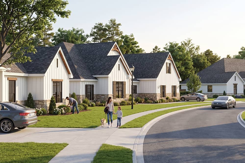 Street view of modern farmhouse-style homes in the Wild Horse Estates neighborhood in Bullard, Texas