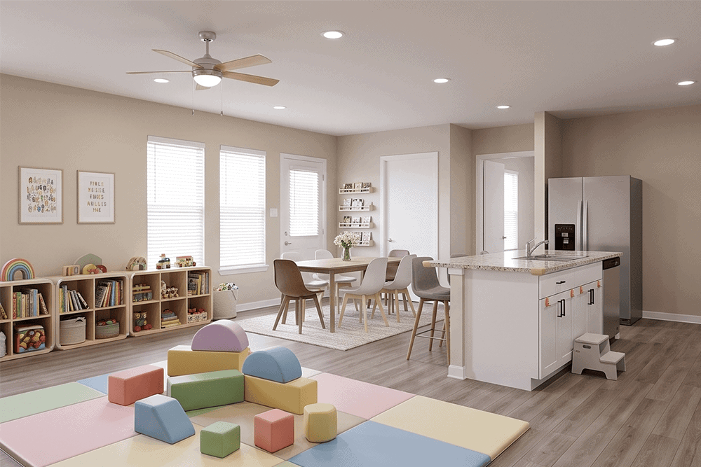 Open-concept kitchen and playroom designed for young families at a Wild Horse Estates model home