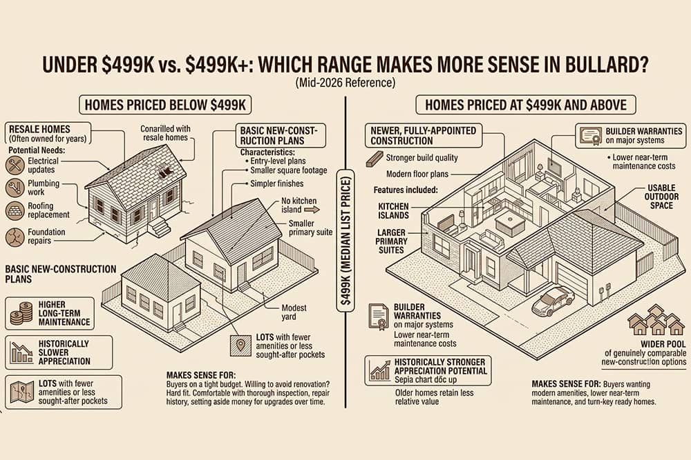 Infographic comparing homes priced under $499K versus $499K and above in Bullard, TX for 2026
