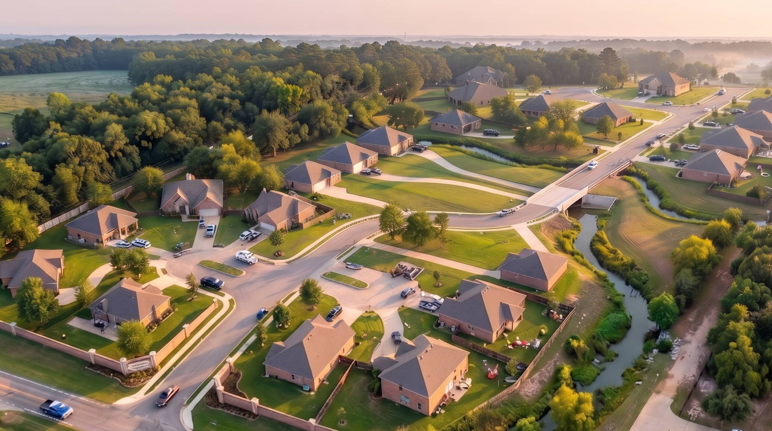 Aerial view of a Bullard TX real estate neighborhood surrounded by trees and green space