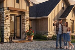 family holding keys outside their new construction home in the Bullard, TX area