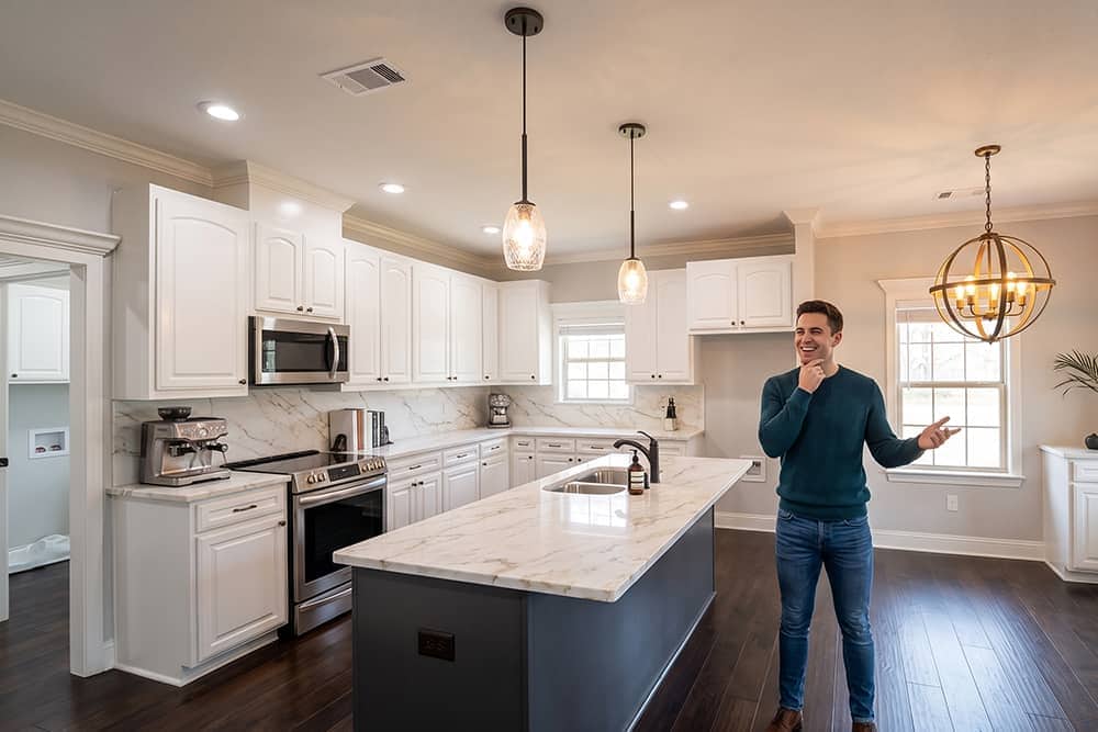Prospective homebuyer touring a new construction kitchen with island in Bullard, TX