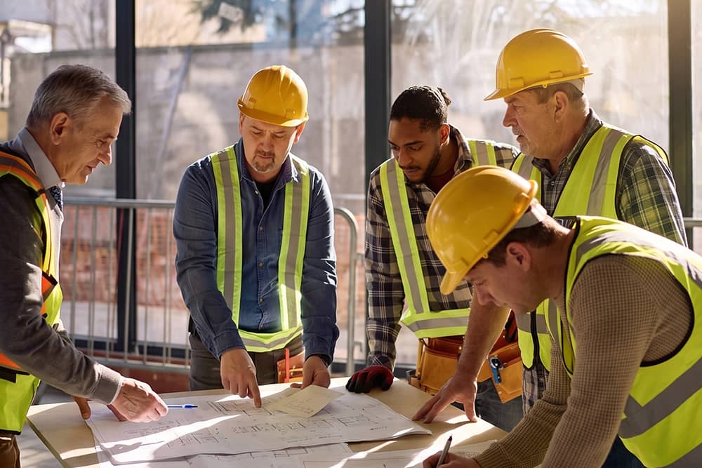 Builders reviewing blueprints for new construction Tyler TX project