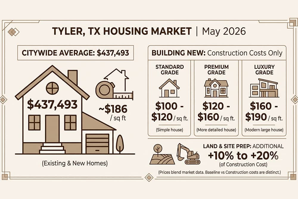 New construction Tyler TX cost per square foot by grade infographic