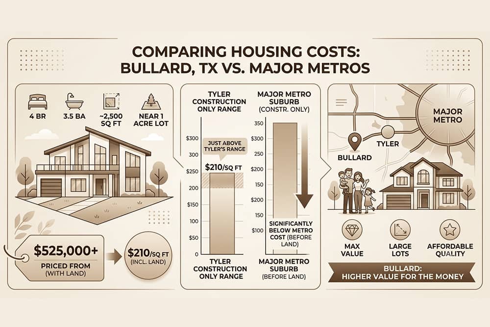 New construction Tyler TX cost compared to Dallas Houston Austin metro suburbs