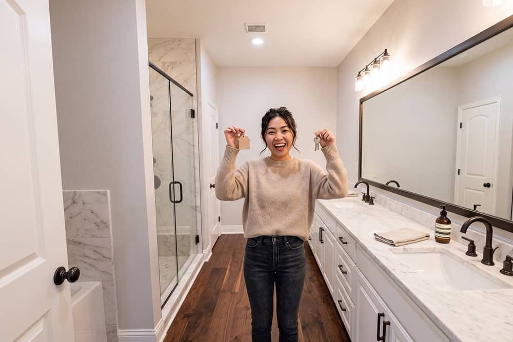 New homeowner holding house keys after closing on a new construction home in Bullard, TX