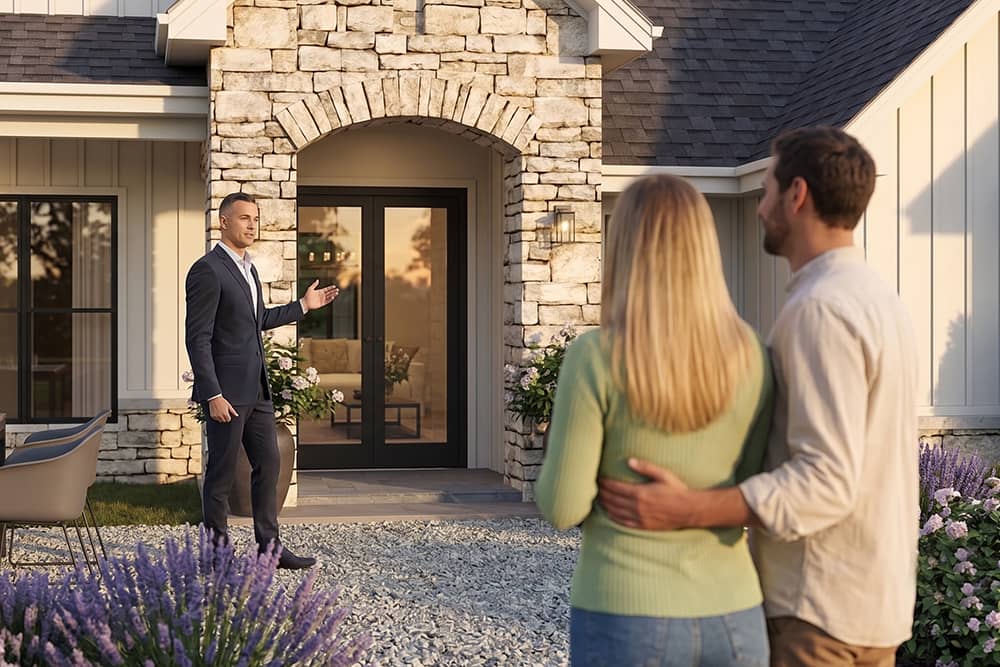 Real estate agent showing a new construction home exterior to a couple in Bullard, Texas