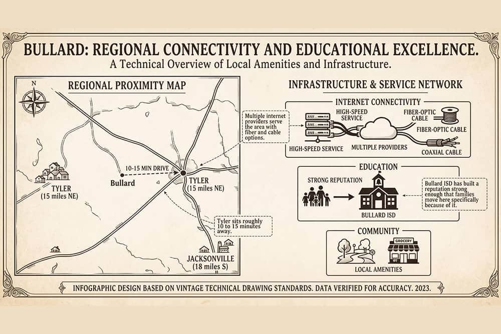 Small Towns in Texas - infographic on Bullard connectivity and education