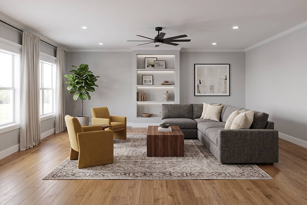 Spacious living room with built-in shelving and comfortable seating in a new Bullard, Texas home