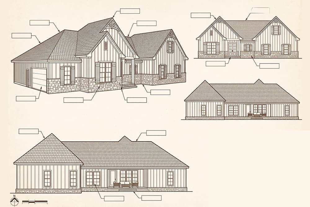 Architectural elevation drawings of Tuscany Style Homes showing hip roof and stone accents