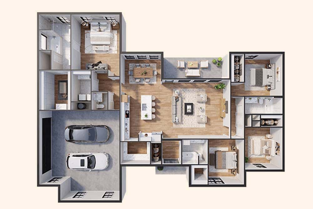 3D floor plan layout of Tuscany Style Homes with four bedrooms and open living space