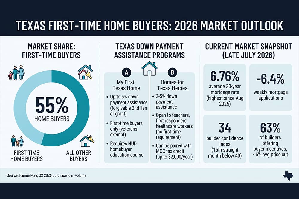 Market outlook infographic for first time home buyers in Texas 2026