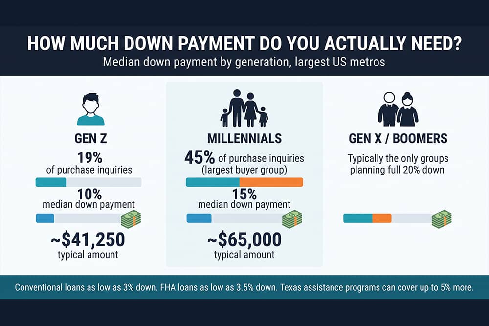 Infographic showing down payment needed for first time home buyers in Texas by generation