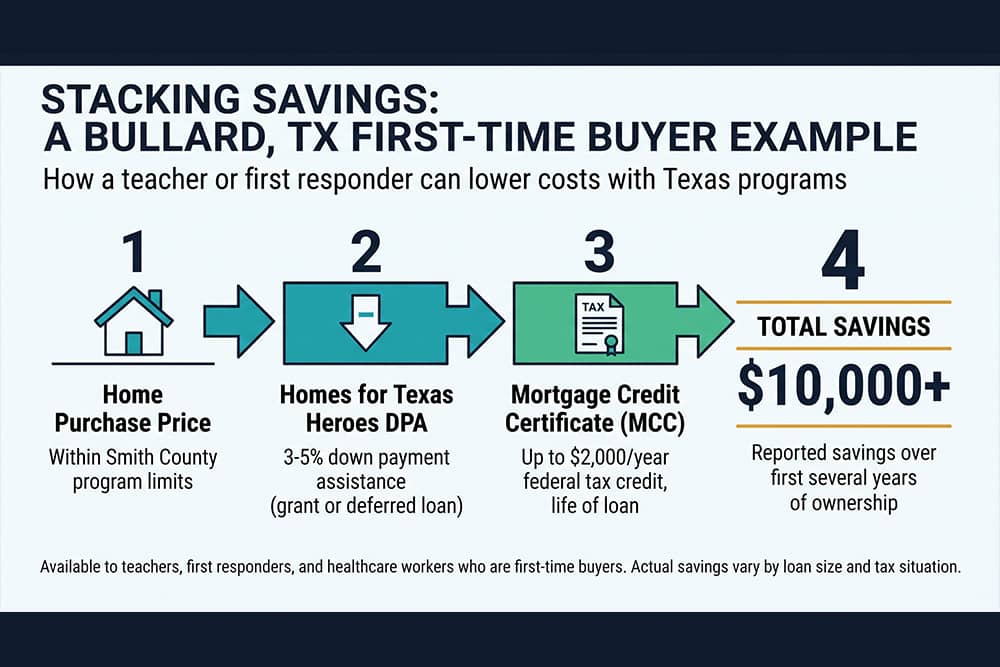 Savings example for first time home buyers in Texas using Homes for Texas Heroes and MCC tax credit
