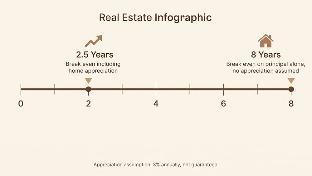 Homes for Rent in Bullard TX: break-even timeline, 2.5 years with appreciation vs 8 years on principal alone